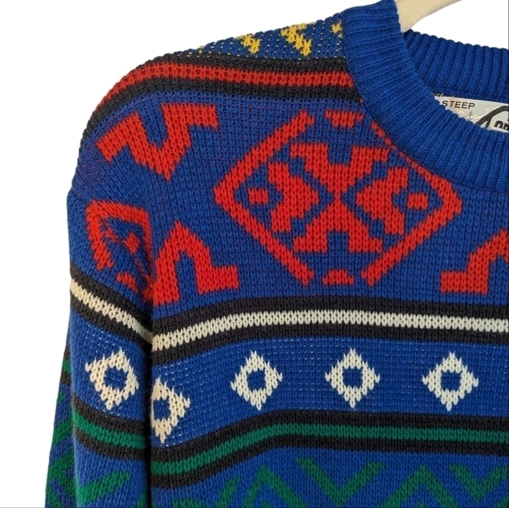 Vintage 90s Nordic Geometric Ski Sweater Blue Colorful Cabin Grandpa Knit S - Picture 8 of 8